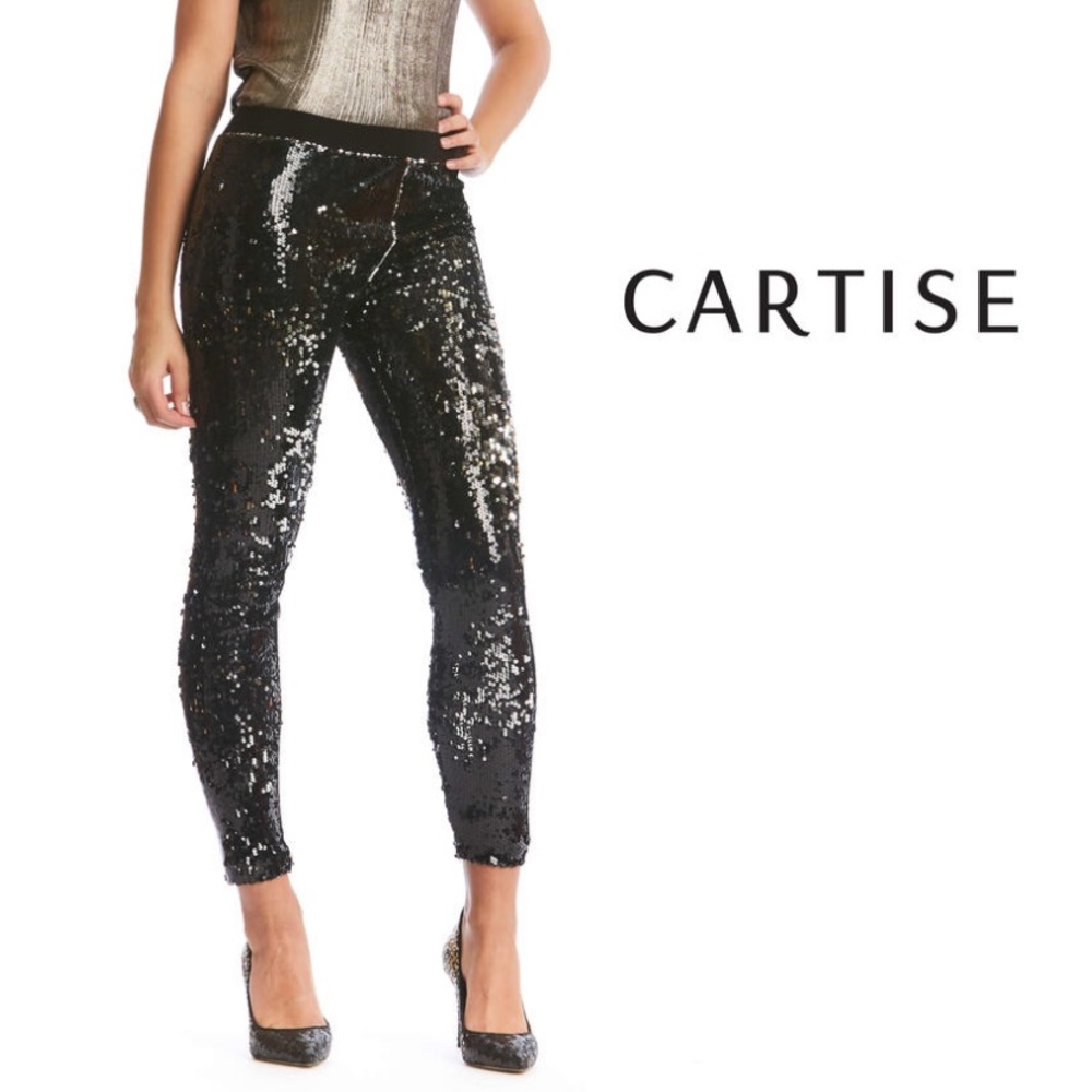 Cartise Sequin Pants Black Elastic Waist Ankle NWT